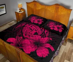 FamilyGater Home Set - Hawaiian Map Turtle Hibiscus Polynesian Quilt Bedding Set - Calico Red - AH J9