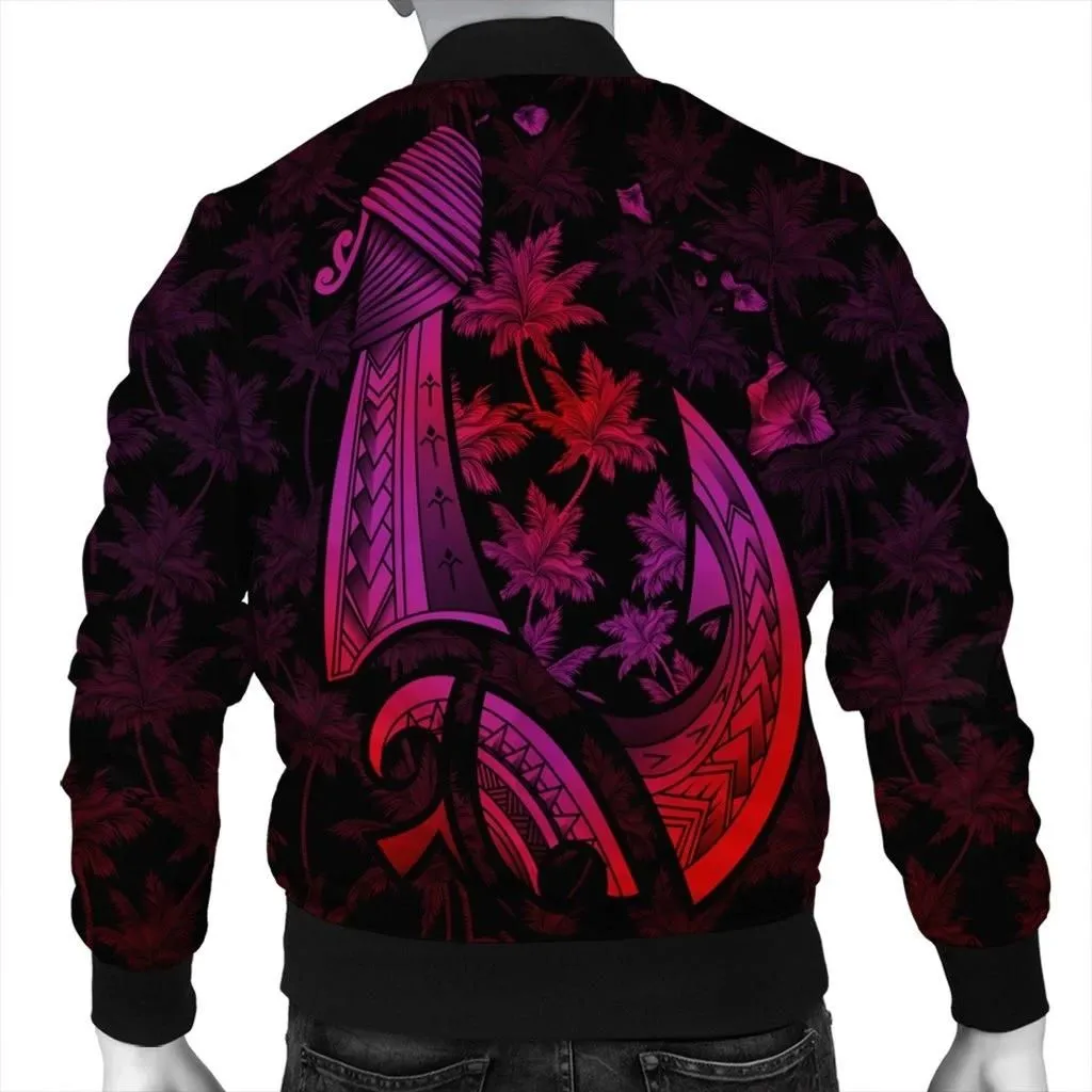FamilyGaterJacket - Hawaiian Map Palm Trees Fish Hook Polynesian Bomber Jacket Colorful Red - AH - J5R