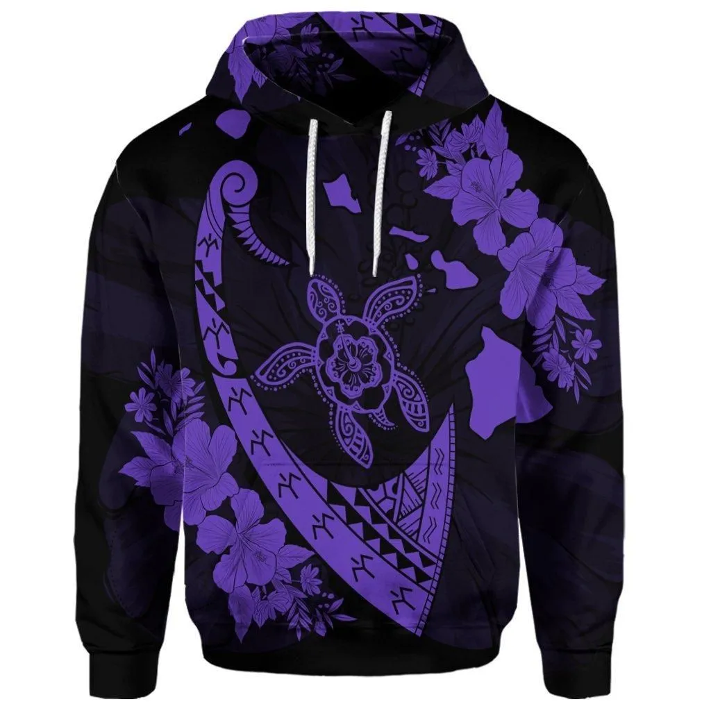 (Personalised) Hawaiian Map Hibiscus Turtle Fish Hook Polynesian Hoodie Purple - AH