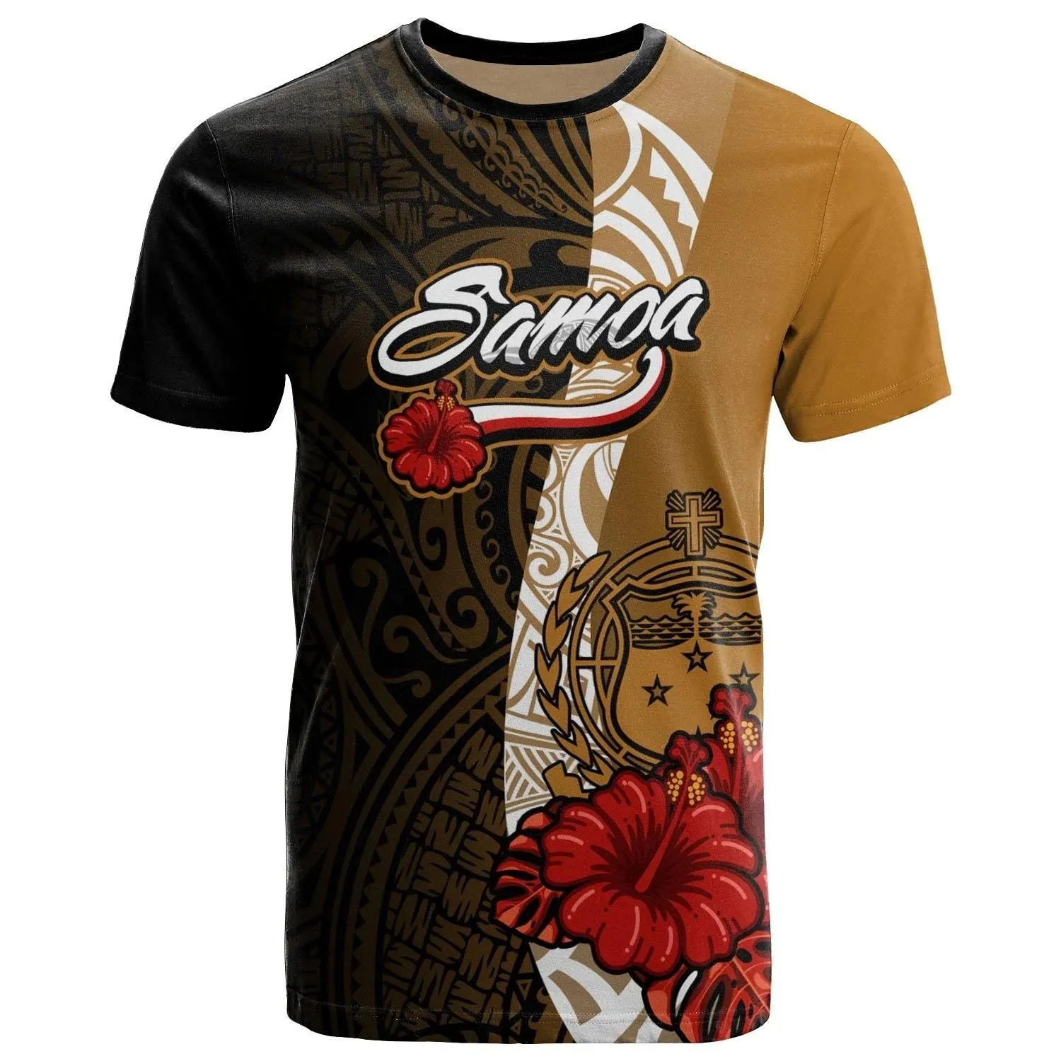 Samoa Polynesian T-Shirt - Coat Of Arms With Hibiscus Gold - BN12