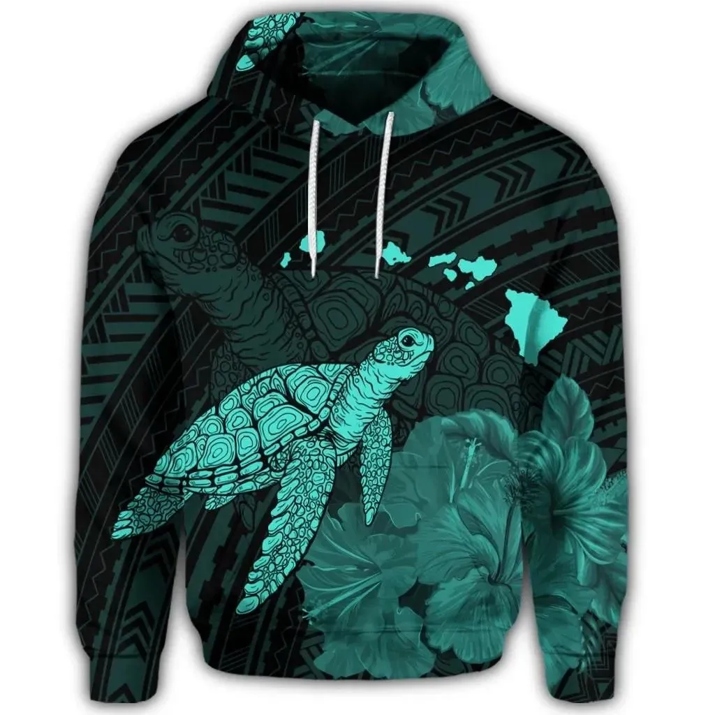 Alohawaii Hoodie - Hawaiian Polynesian Hibiscus Turtle Map Hoodie Turquoise - AH - J5R