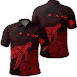 Hawaii Polynesian Hibiscus Turtle Map Polo Shirt Red