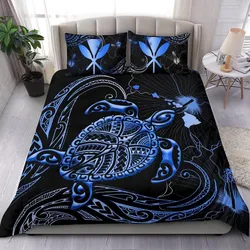 Kanaka Maoli Hawaiian Map Bedding Set - Turtle Polynesian Hibiscus Blue