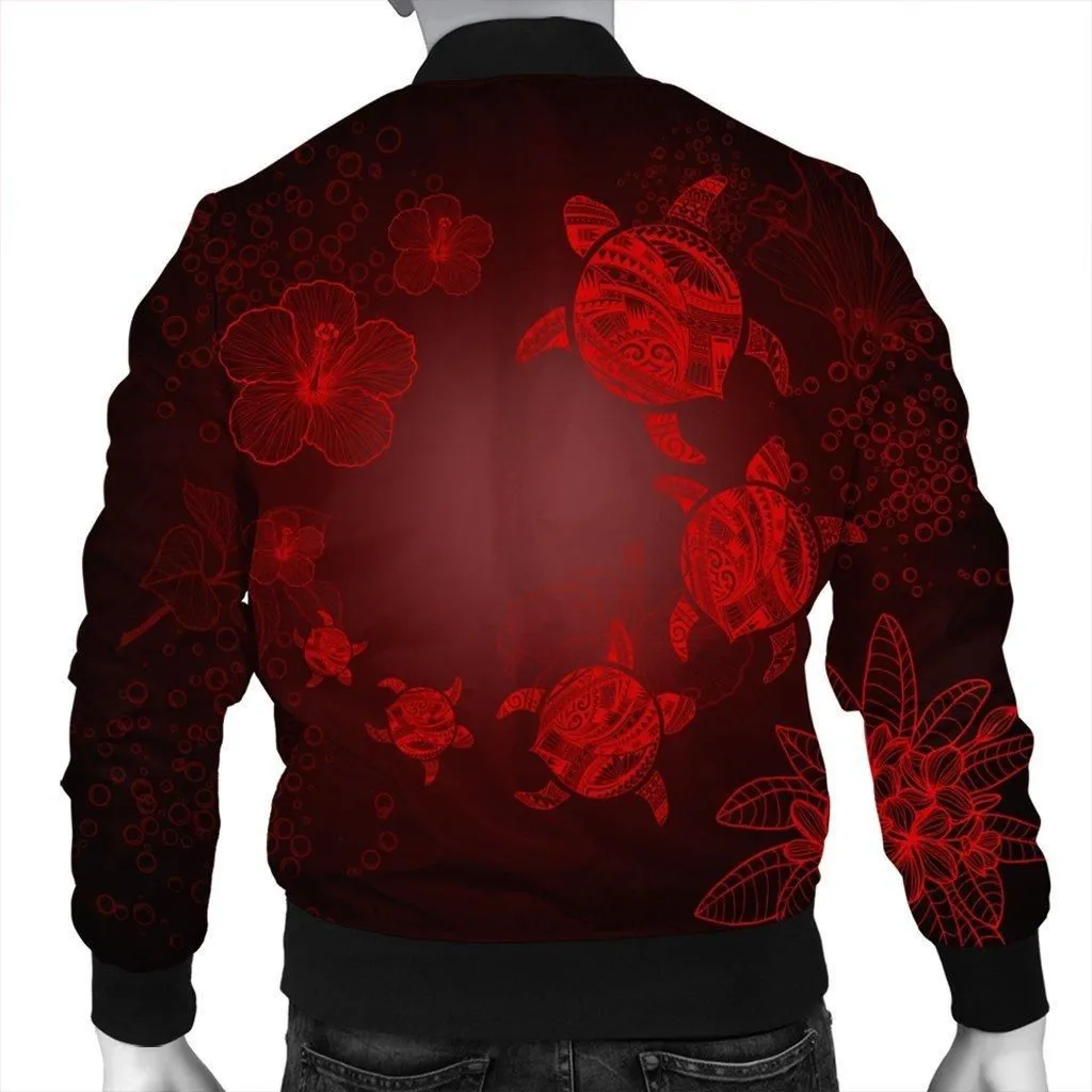 Hawaiian Plumeria Hibiscus Turtle Under Sea Polynesian Bomber Jacket Red