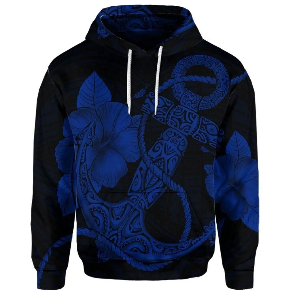 (Personalised) Hawaiian Anchor Poly Tribal Hibiscus Polynesian Hoodie Blue