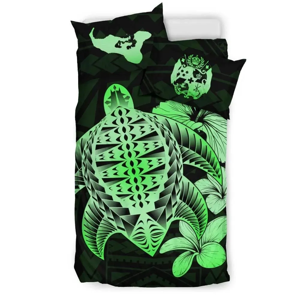 FamilyGater Bedding Set - Cover and Pillow Cases Tongan Hibiscus Plumeria Mix Polynesian Turtle Green J1