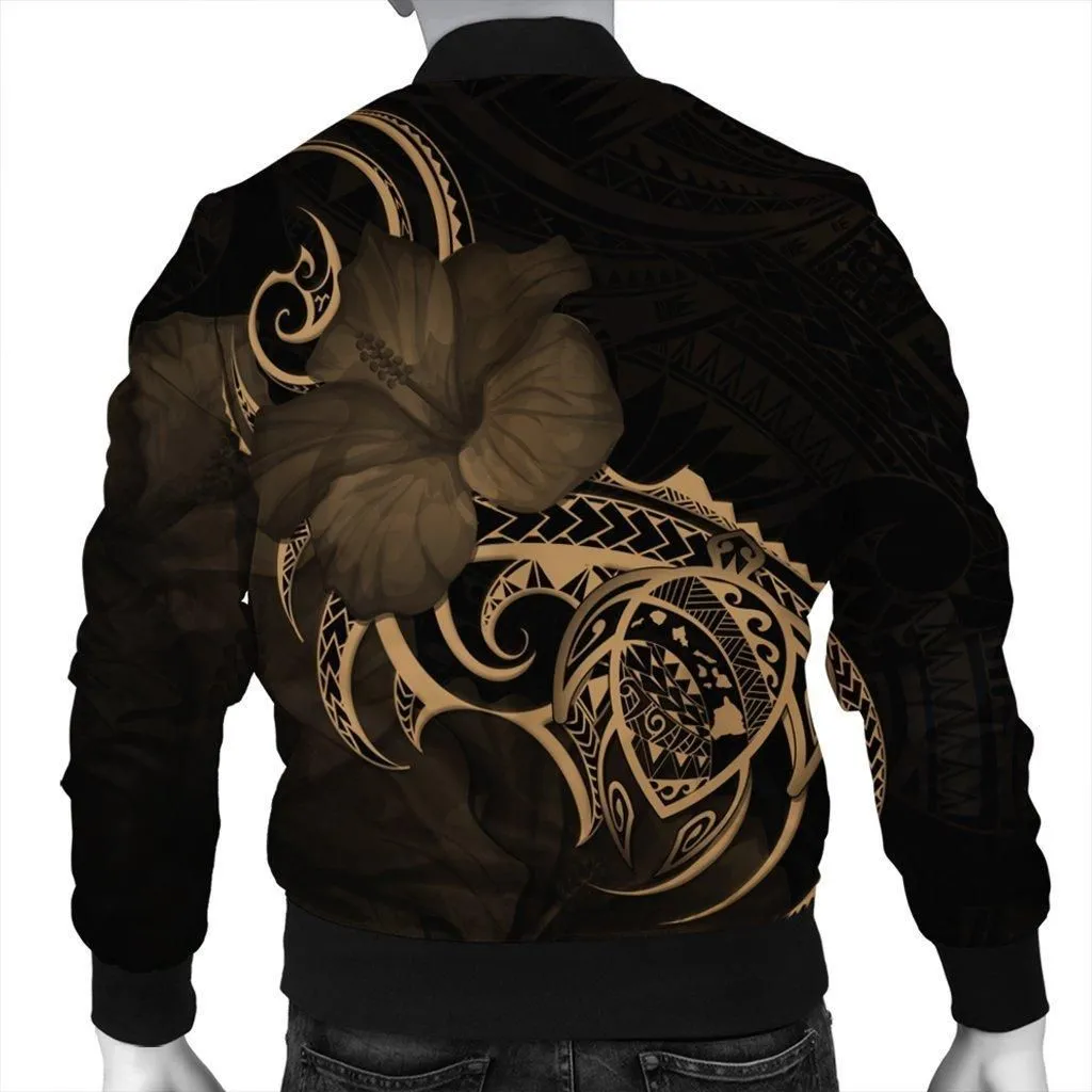 Hawaii Map Turtle Hibiscus Divise Polynesian Bomber Jacket Gold