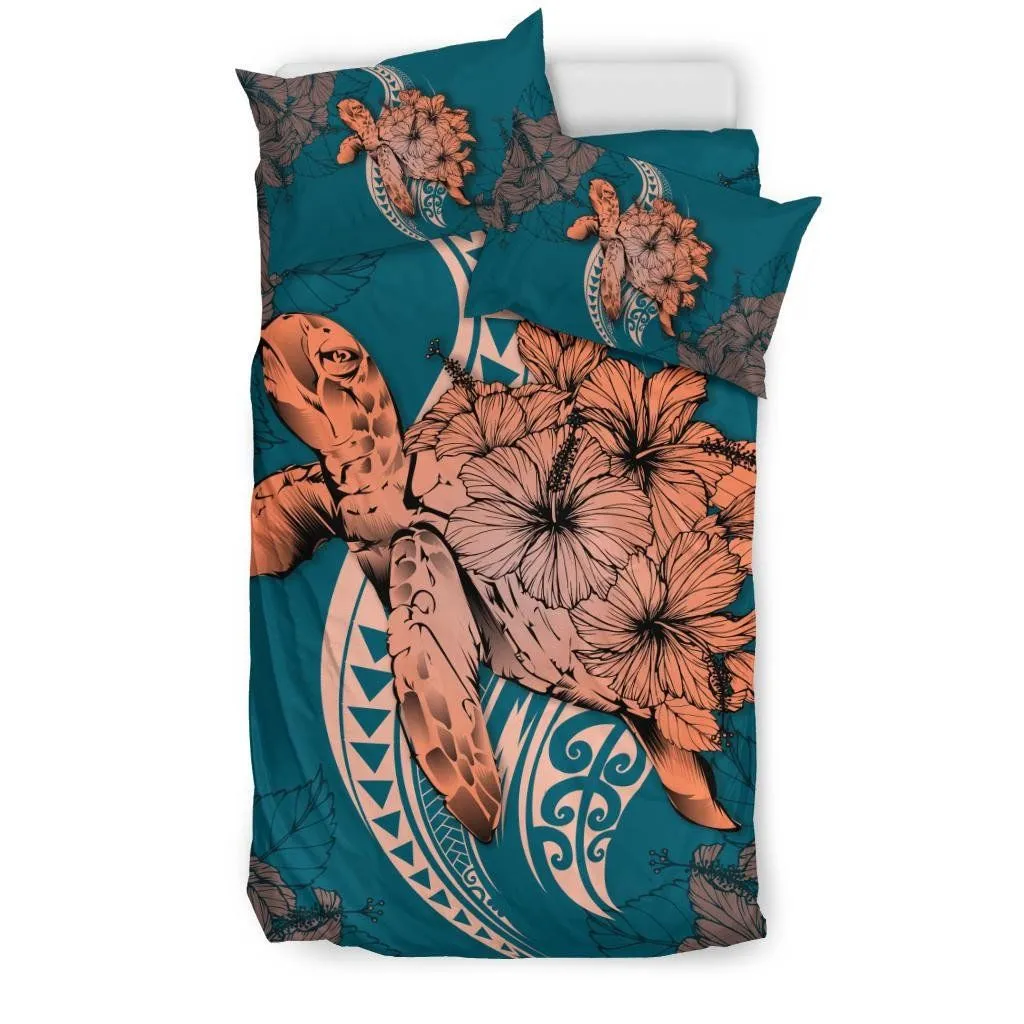 Hawaiian Bedding Set - Hawaii Polynesian Turtle Hibiscus Bedding Set - Orange - AH - J4