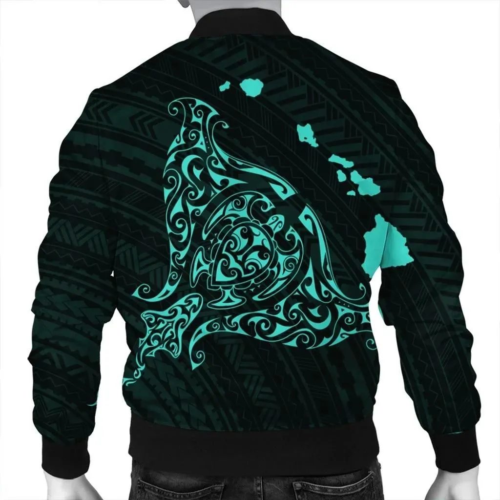 Alohawaii Jacket - Hawaiian Map Manta Ray Turquoise Polynesian Bomber Jacket - AH - J4R