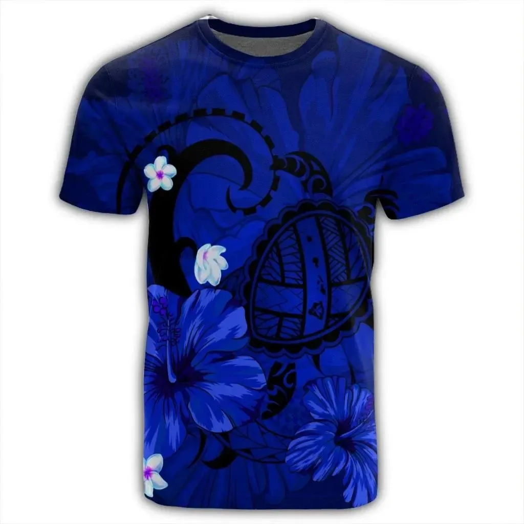 Alohawaii Tee - Hawaiian Map Big Turtle Hibiscus Plumeria Tribal Polynesian T-shirt Blue - AH - J6R