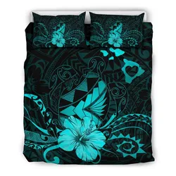 Hawaiian Map Heart Turtle Tattoo Hibiscus Polynesian Bedding Seto - Turquoise