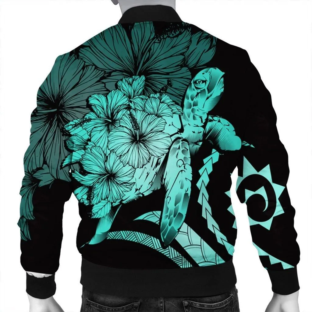 Hawaiian - Hawaii Turtle Hibiscus Polynesian Vintage Bomber Jacket - Turquoise - AH