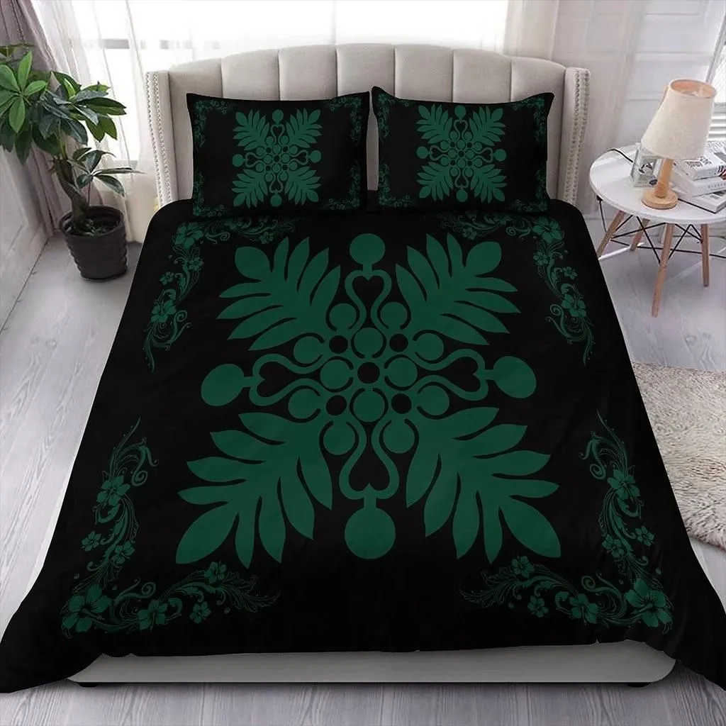 Alohawaii Home Set - Hawaiian Quilt Maui Plant And Hibiscus Pattern Bedding Set - Sacramento Black - AH J8
