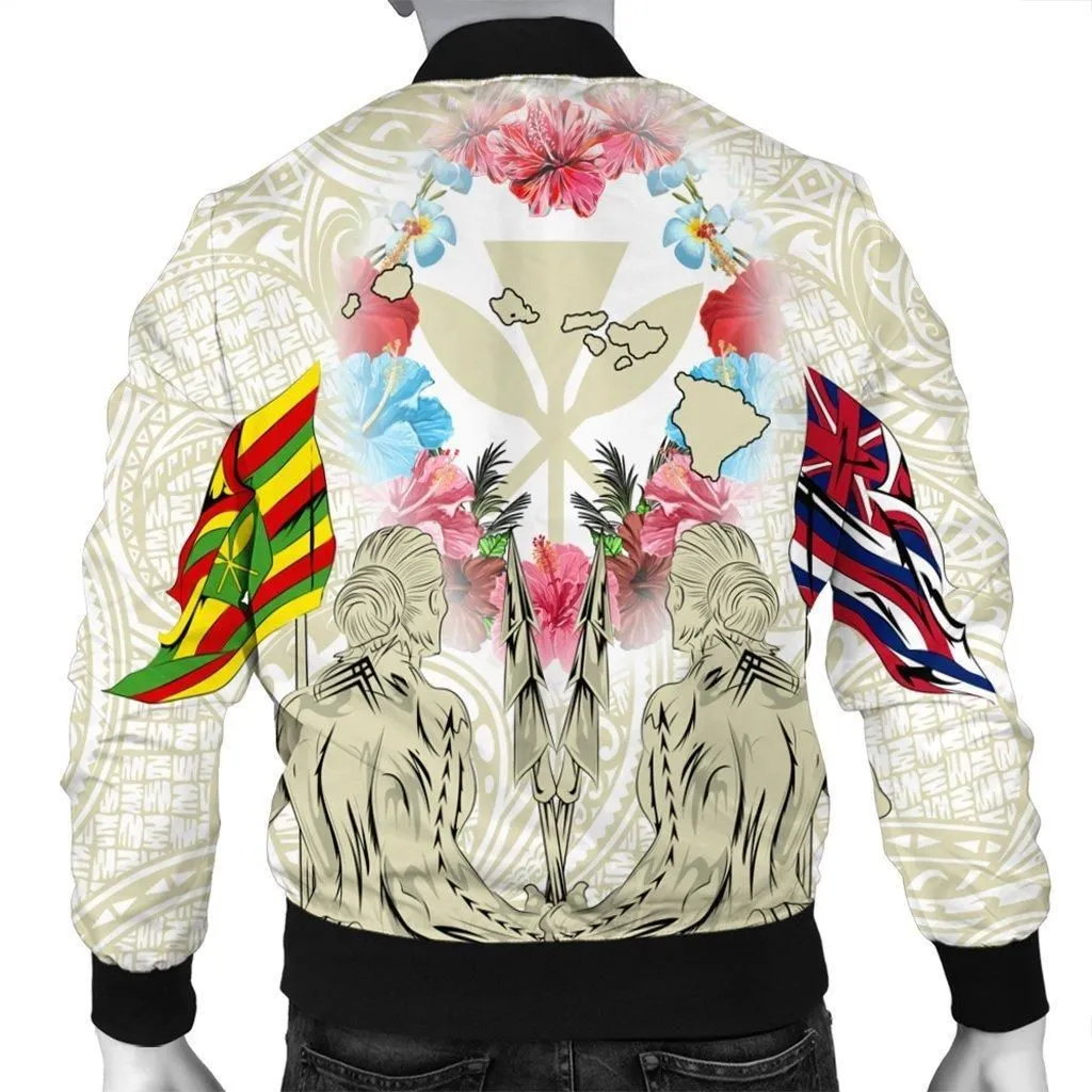 Hawaii Map Kanaka Two Men Holding Flag Bomber Jacket Beige