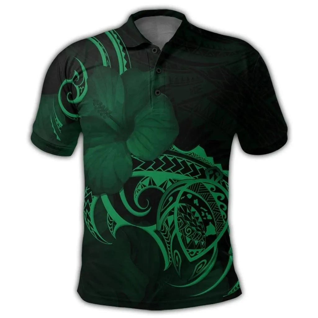 Alohawaii Shirt - Hawaii Map Turtle Hibiscus Divise Polynesian Polo Shirt Green - AH - JR