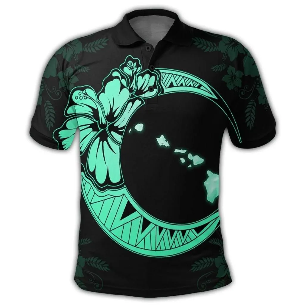 Alohawaii Shirt - Hawaiian Map Hibiscus Turtle Polynesian Moon Polo Shirt Turquoise - AH - JR