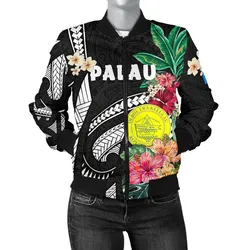 Palau Women's Bomber Jacket Coat Of Arms Polynesian With Hibiscus TH5