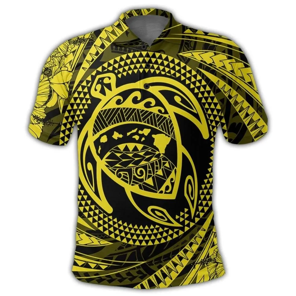 Alohawaii Shirt - Hawaiian Kanaka Honu Hibiscus Tornando Polynesian Yellow Polo Shirt - AH - JR
