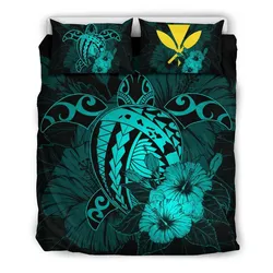 FamilyGater Home Set - Hawaiian Map Hibiscus Kanaka Polynesian Bedding Set - Harold Turtle - Turquoise - AH J9