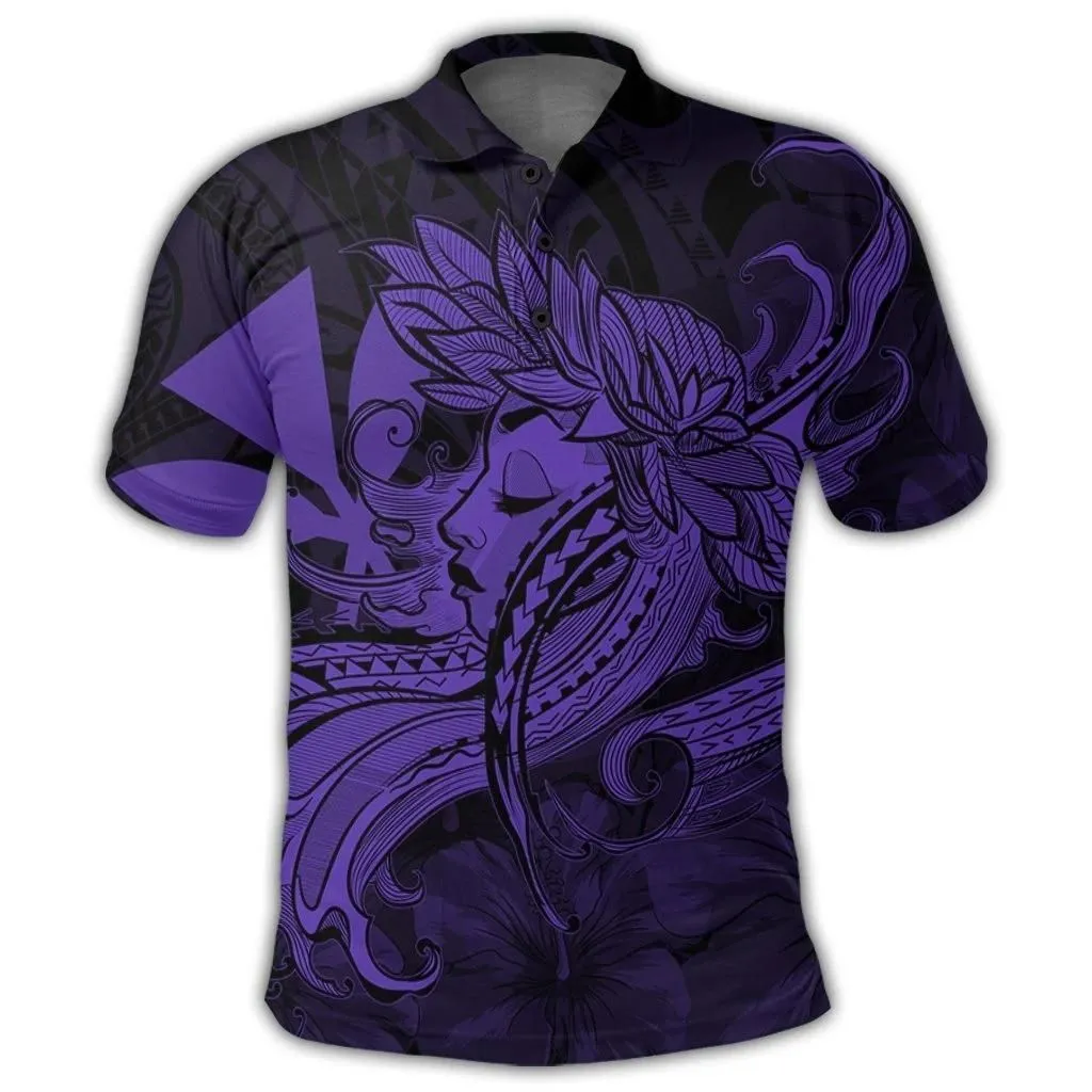 Alohawaii Shirt - Hawaiian Map Hula Girl Hibiscus Kanaka Polynesian Polo Shirt - Purple - AH - J4R