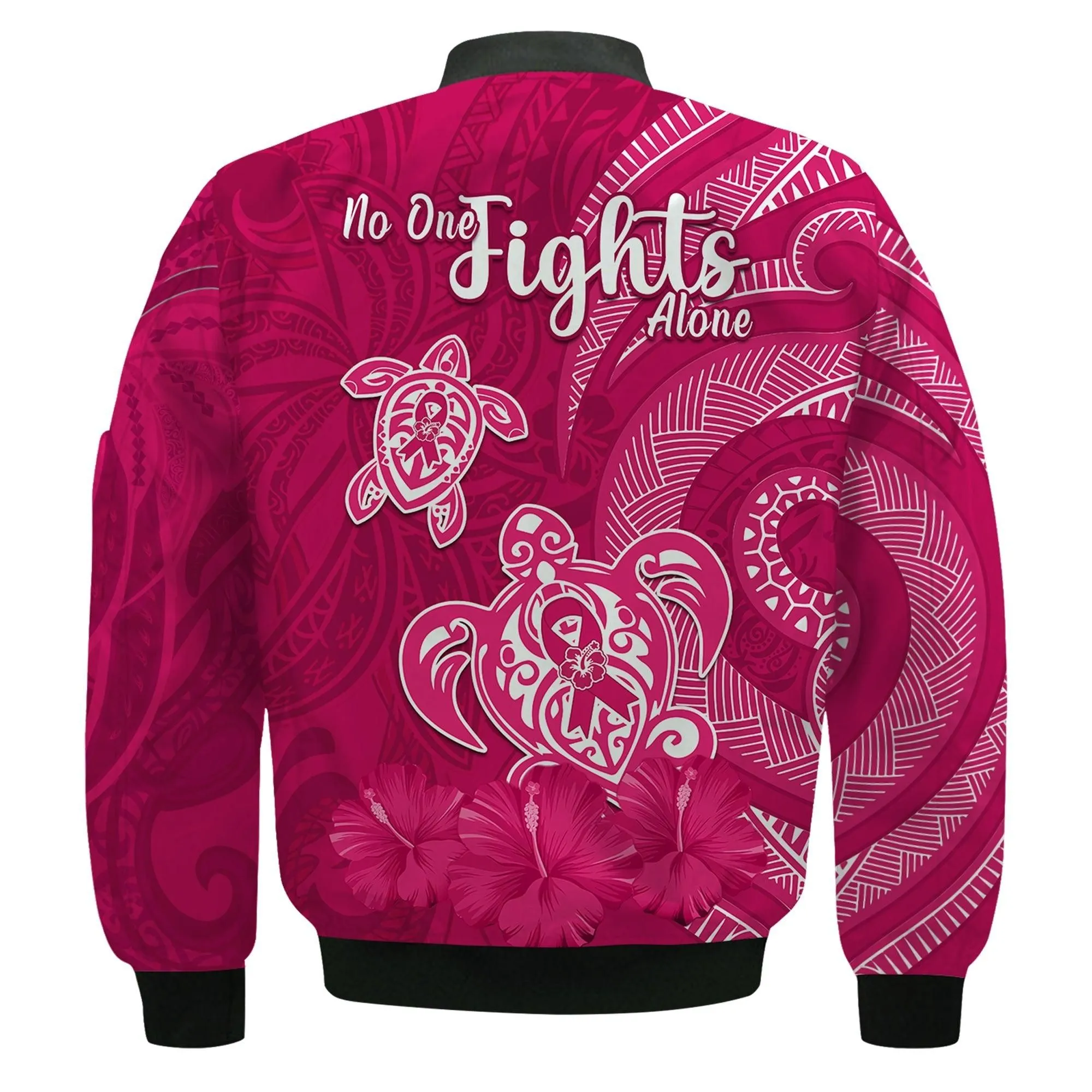Breast Cancer Awareness Bomber Jacket Hibiscus Polynesian No One Fights Alone LT13