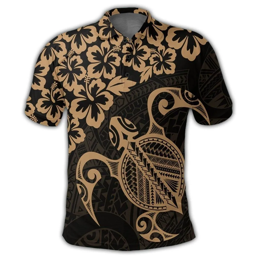 Hawaiian Map Turtle Hibiscus Kanaka Polynesian Polo Shirt - Gold