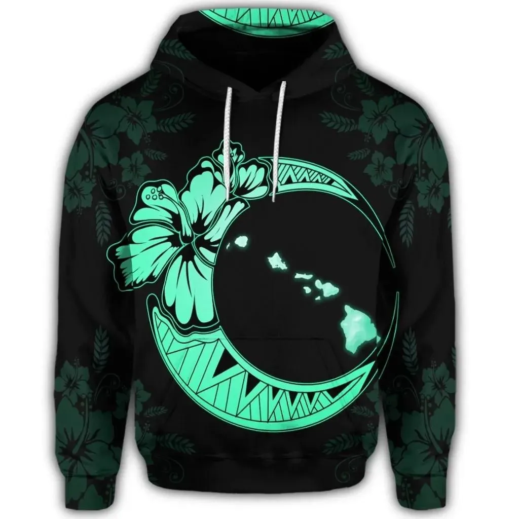 Alohawaii Hoodie - Hawaiian Map Hibiscus Turtle Polynesian Moon Hoodie Turquoise - AH - JR