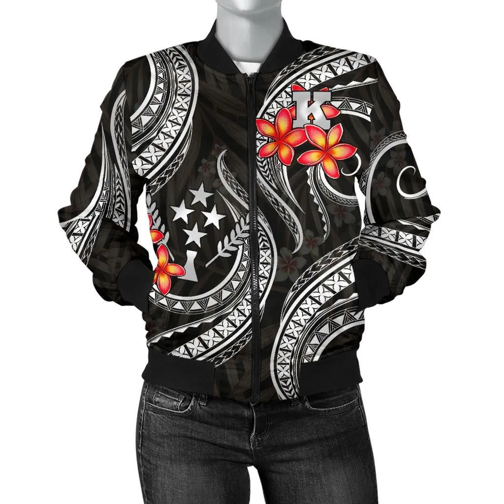 Kosrae Micronesian Women Bomber Jacket - Black Plumeria - BN11