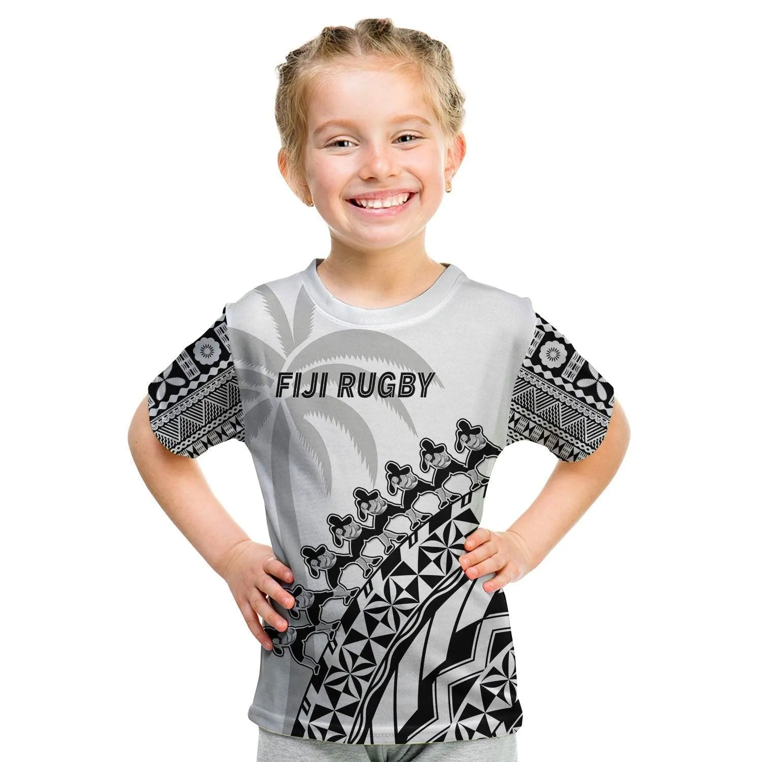 Custom Text And Number Fiji Rugby T Shirt KID Fijian Cibi Dance Tapa Pattern White LT14