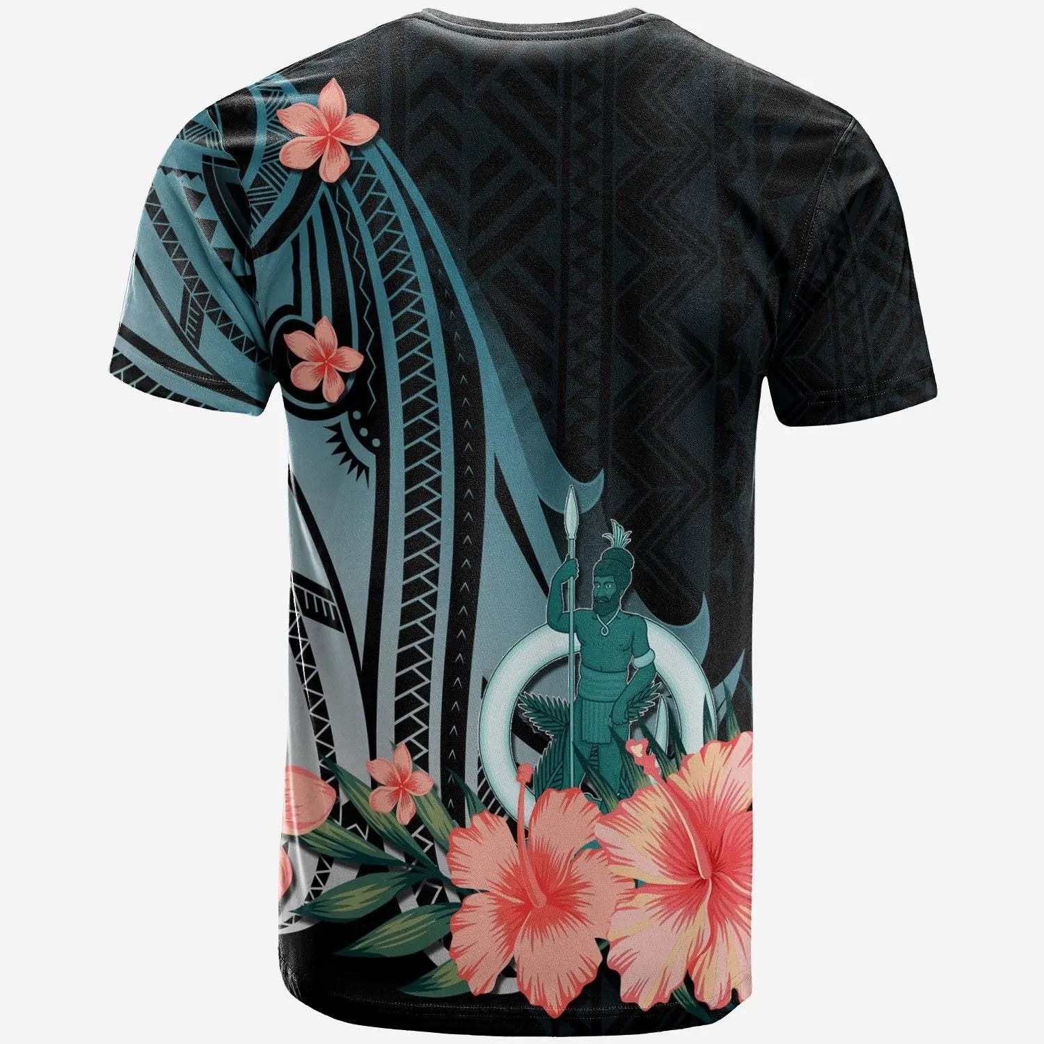 Vanuatu T-Shirt - Turquoise Polynesian Hibiscus Pattern Style