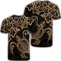Hawaiian Map Turtle Hibiscus Kanaka Polynesian T-Shirt - Gold - AH