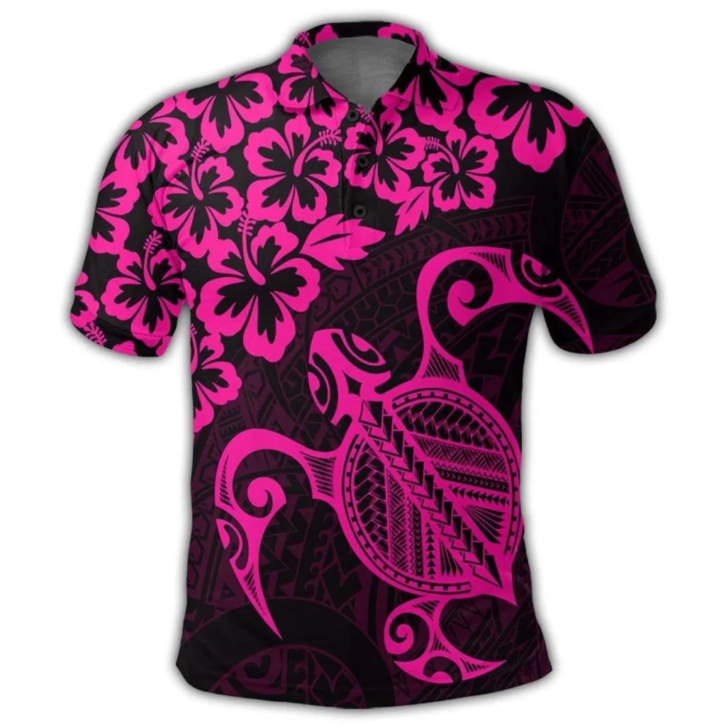 Hawaiian Map Turtle Hibiscus Kanaka Polynesian Polo Shirt - Pink - AH