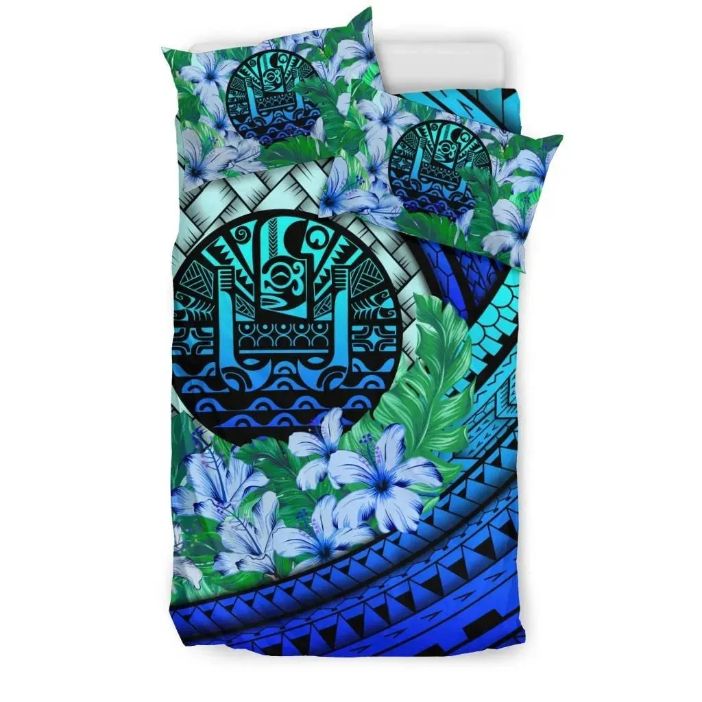 FamilyGater Bedding Set - Cover and Pillow Cases Tahiti - Lauhala Polynesian Hibiscus Blue A24