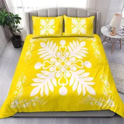 Alohawaii Home Set - Hawaiian Quilt Maui Plant And Hibiscus Pattern Bedding Set - White Yellow - AH J8
