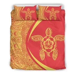 Hawaiian Turtle Hibiscus Polynesian Bedding Set - Circle Style Yellow and Red