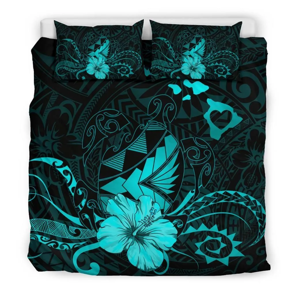 Hawaiian Map Heart Turtle Tattoo Hibiscus Polynesian Bedding Seto - Turquoise