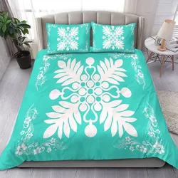 Alohawaii Home Set - Hawaiian Quilt Maui Plant And Hibiscus Pattern Bedding Set - White Turquoise - AH J8