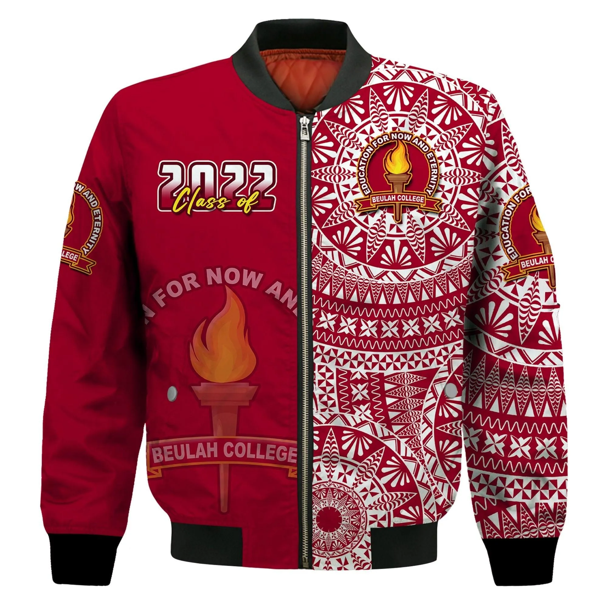 (Custom Text And Number) Beulah Tonga College Bomber Jacket Class Of Year Tongan Ngatu Pattern LT14