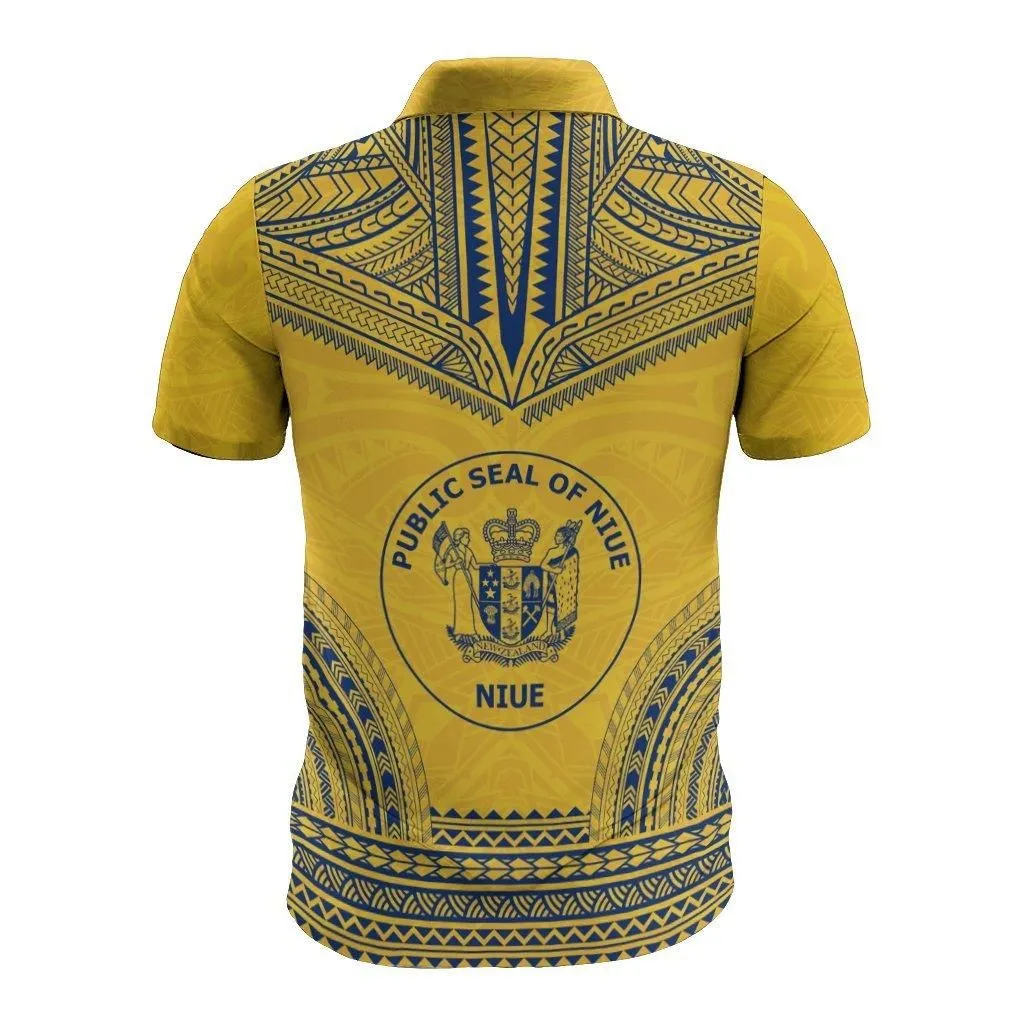 Niue Polo Shirt - Niue Seal Coat Of Arms Polynesian Chief Tattoo Flag Version
