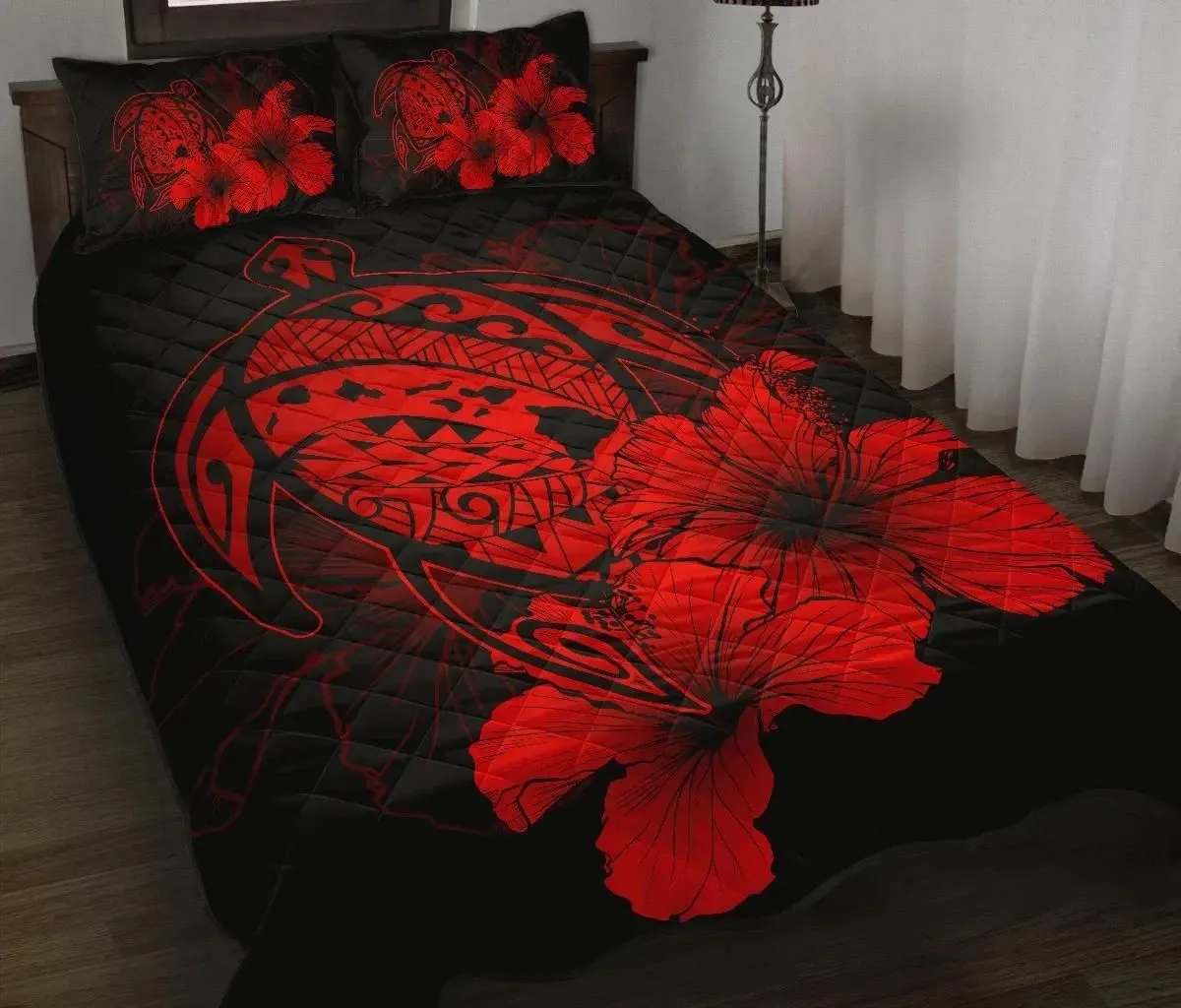 Alohawaii Home Set - Hawaiian Map Turtle Hibiscus Polynesian Quilt Bedding Set - Red - AH J9