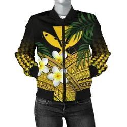 Kanaka Maoli (Hawaiian) Womens Bomber Jacket, Polynesian Plumeria Banana Leaves Yellow