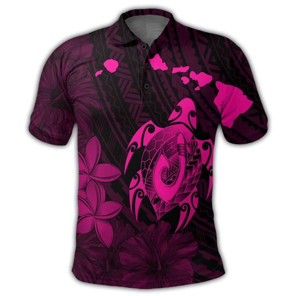 Hawaiian Map Turtle Plumeria Hibiscus Fish Hook Polynesian Polo Shirt Pink - AH