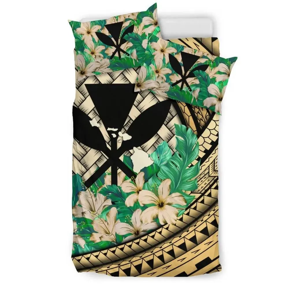 Kanaka Maoli (Hawaiian) Bedding Set - Lauhala Polynesian Hibiscus Gold A24