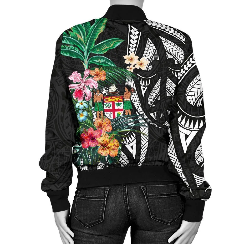 Fiji Women's Bomber Jacket  Coat Of Arms Polynesian With Hibiscus-2 TH5