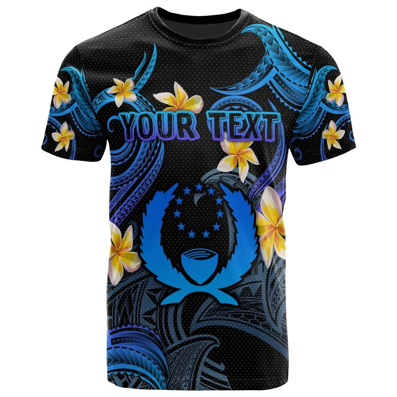 Pohnpei T-shirt - Custom Personalised Polynesian Waves with Plumeria Flowers (Blue)