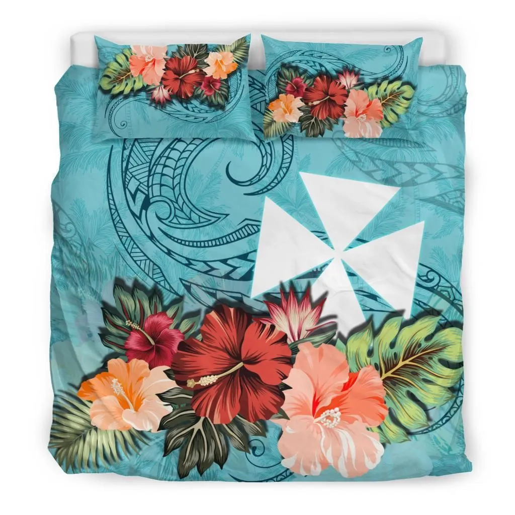 Wallis And Futuna Bedding Set Hibiscus Polynesian Wave Coat Of Arms Duvet Cover Blue