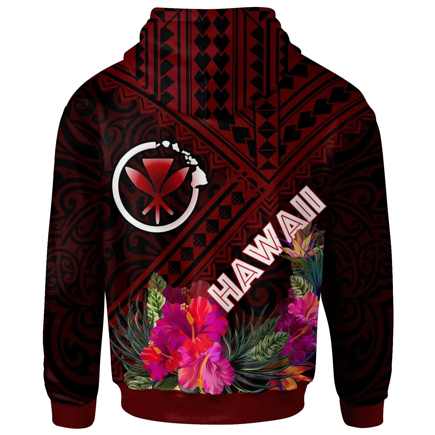 Hawaii Hoodie - Kanaka Maoli With Hibiscus On Polynesian Patterns (RED) - BN25