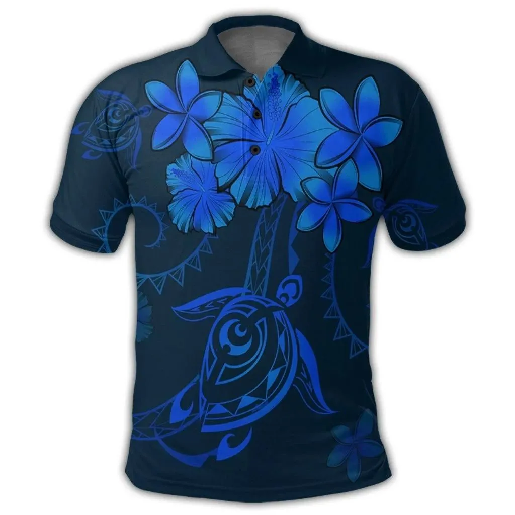 Alohawaii Shirt - Hawaiian Turtles Hibiscus Plumeria Polynesian Polo Shirt - Blue - AH - J4R