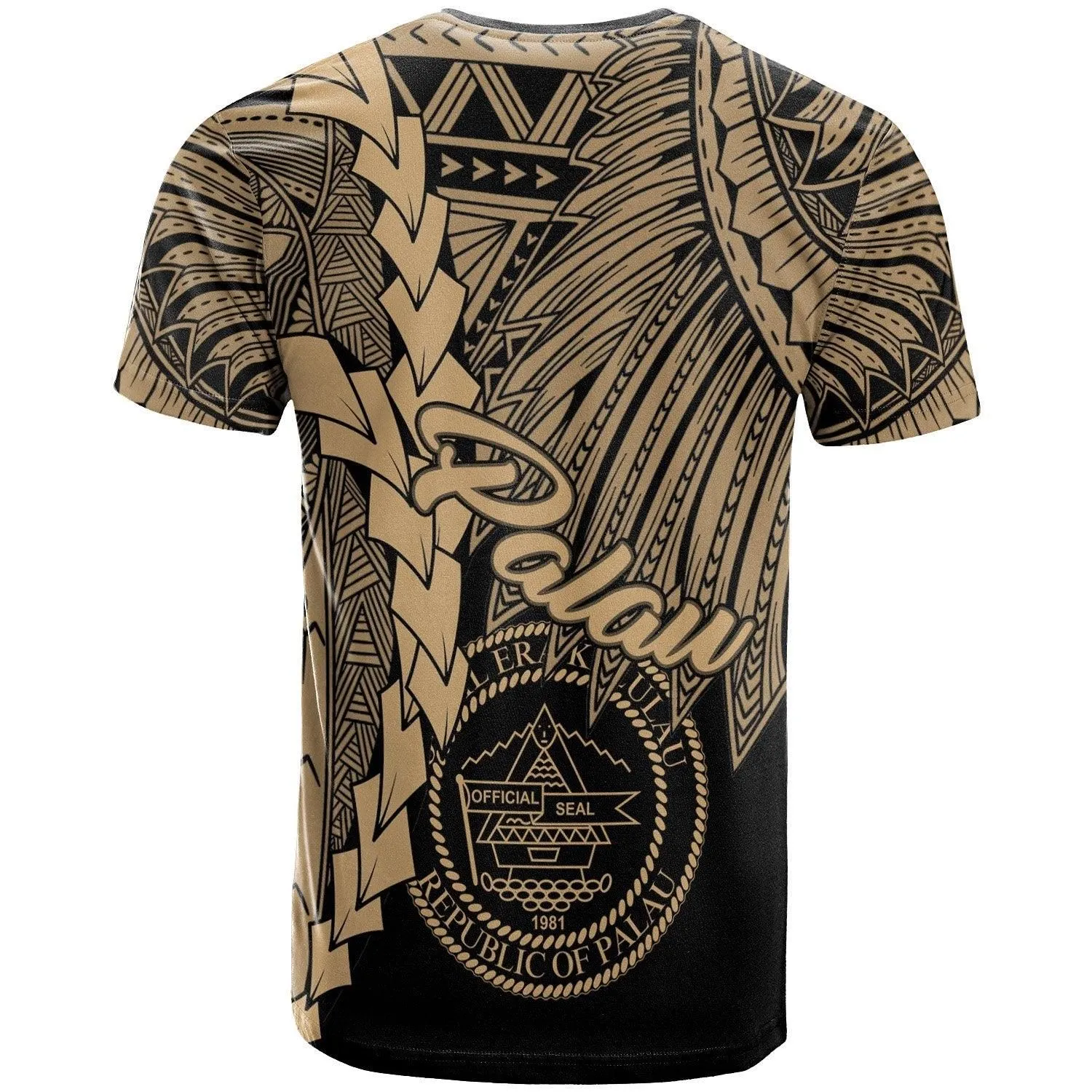 Palau Polynesian T-Shirt - Tribal Wave Tattoo Gold