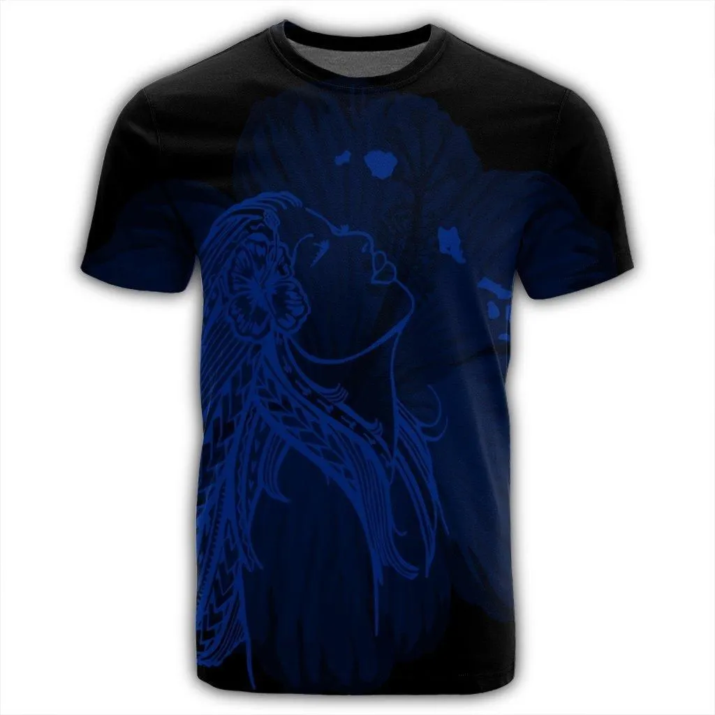 Hawaiian Map Heart Hula Girl Hibiscus Blue Polynesian T-Shirt - AH